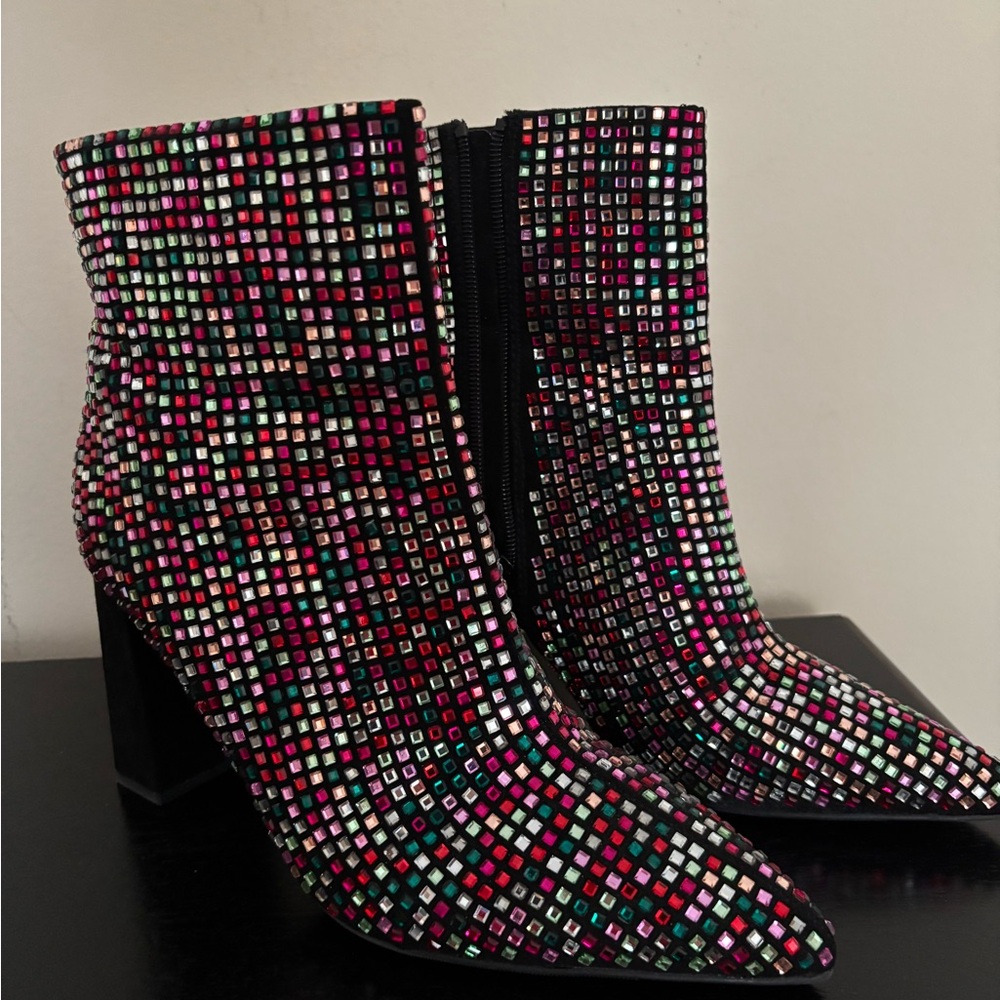 Wild Pair Black and Red Ankle Boots with Rhinestone Embellishments